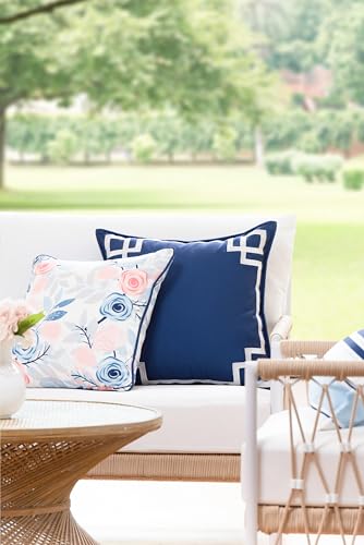 Hofdeco Premium Coastal Patio Indoor Outdoor Throw Pillow Cover Only 20x20 Water Repellent for Backyard Couch Navy Blue Embroidered Frame Greek Key - Image 3