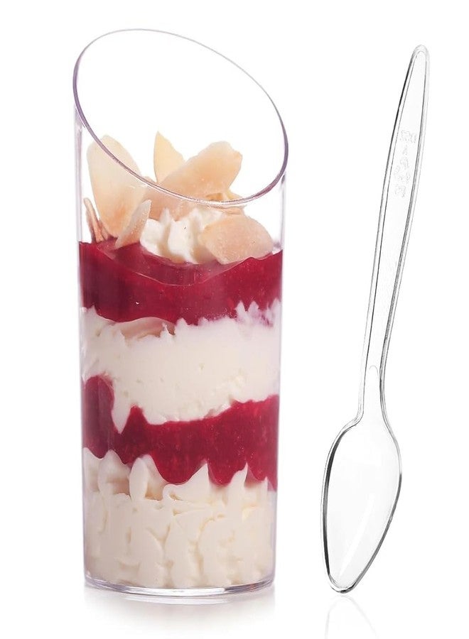 Qeirudu 50 Pack Mini Slanted Dessert Cups with Spoons - 2.2 oz Plastic Parfait Cups Reusable Shooter Glasses Small Serving Cups for Tasting Party Desserts Appetizer - Image 1