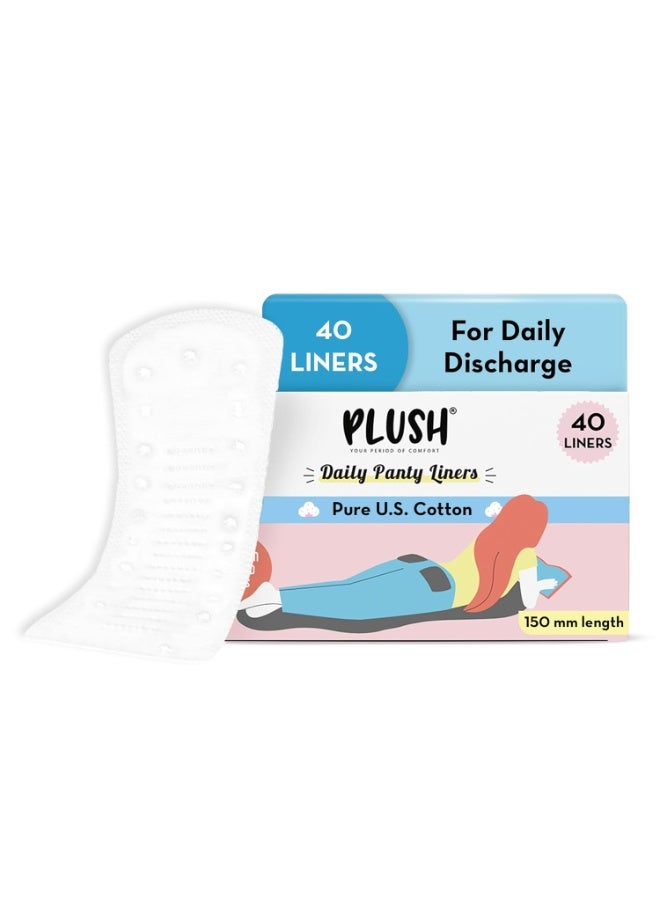 Plush Ultra Thin Panty Liners For Women Daily Use, 40 Liners 150mm | Pure US Cotton Liner Pads For Rash Free Periods | Soft Cotton Surface For Comfort On Non-Period Days | No Toxins & Paraben Free - Image 1