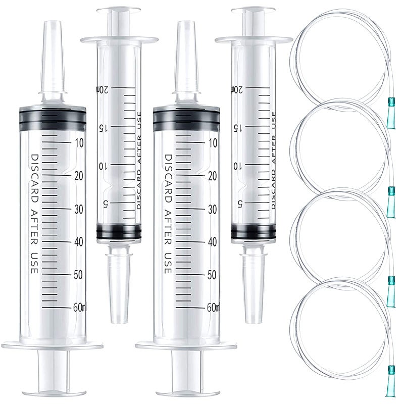 8Pcs Plastic Syringe Set 60ml 20ml Industrial Plastic Syringe with Handy Tubing 30cm12in for Refilling Fluids Feeding Pets Drawing Oil Measuring Watering Multiple Uses 20mlx2 60mlx2 Hosex4