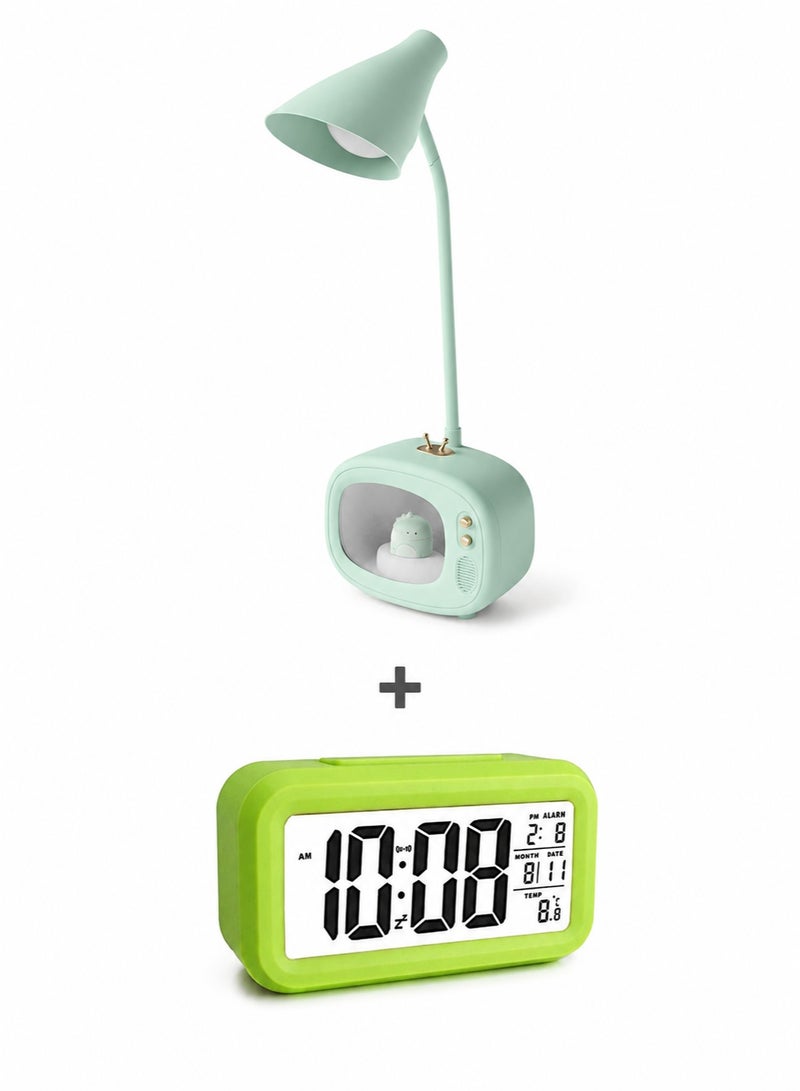 Alarm Clock Luminous Led Large Screen Green 13.5x7.5x4.5cm & Rechargeable LED desk lamp with decorative touch screen Bundle - Image 1