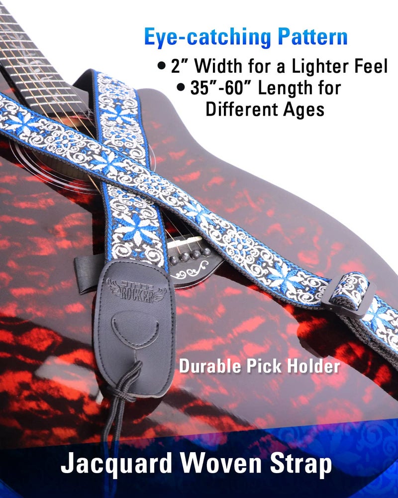 Stage Rocker Guitar Accessories Gift Box for Acoustic and Electric Guitars, Blue Jacquard Weave Guitar Strap, Picks, Capo, Tuner, Cleaning Cloth, 5-in-1 Essential Gift - Image 4