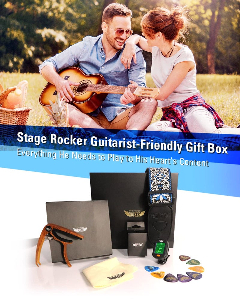 Stage Rocker Guitar Accessories Gift Box for Acoustic and Electric Guitars, Blue Jacquard Weave Guitar Strap, Picks, Capo, Tuner, Cleaning Cloth, 5-in-1 Essential Gift - Image 2