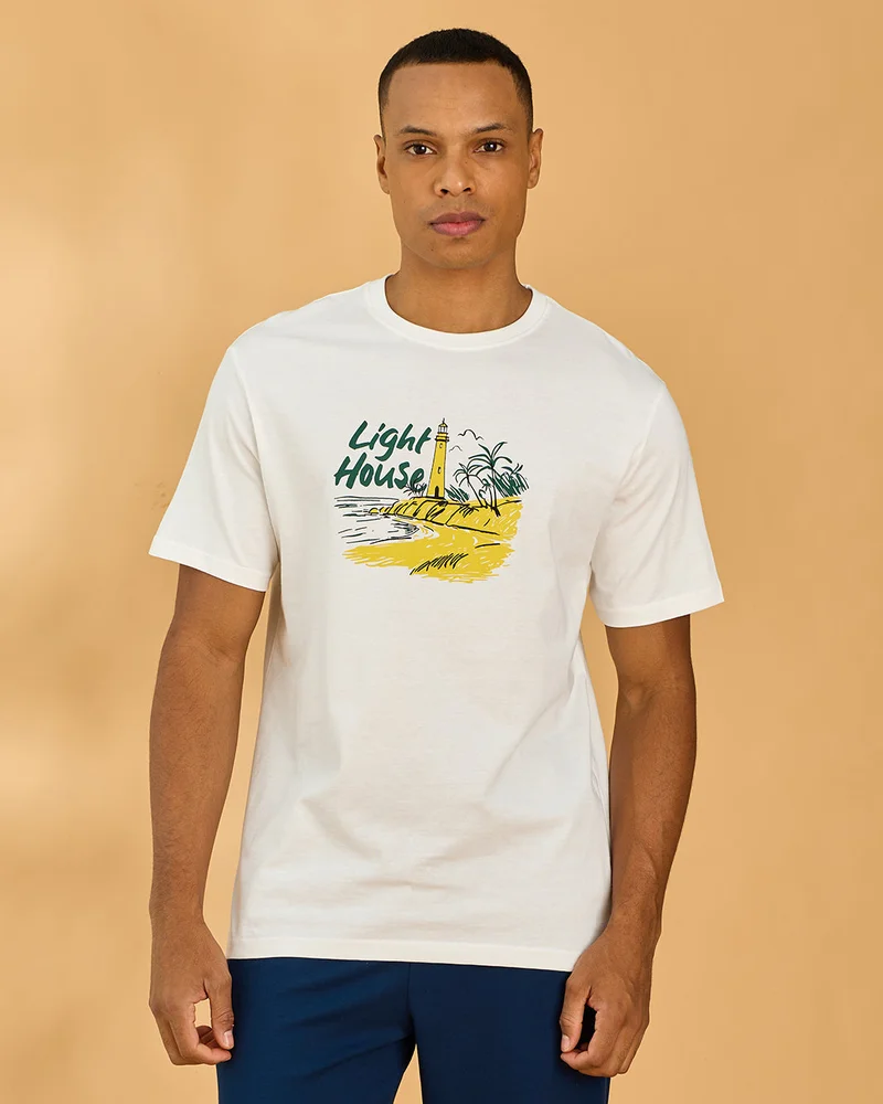 Redtag Men White Basic Graphic T Shirt