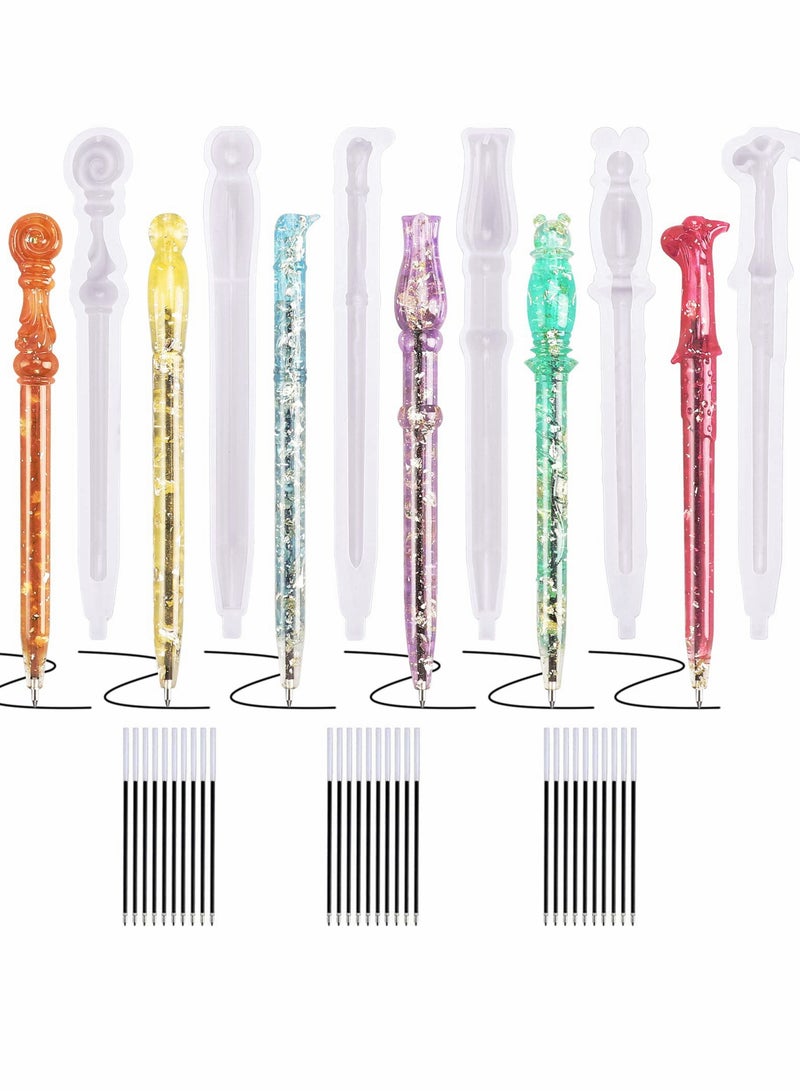 Captaintech Pen Epoxy Molds, Magic Wand Shape Ballpoint Silicone Mold with 30 Pieces of Black Refill for Diy Handmade Artwork, Pens, Candles, Resin Crafts (6Pcs) - Image 1