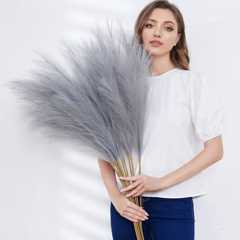 QUBITFUL Faux Pampas Grass, Set of 9 Stems 37'' Tall Fluffy Fake Pompas Floral, Large Artificial Pompous Branches for Floor Vase Fillers, Pompas Decorativas, Boho Farmhouse Wedding Home Decor(Grey) - Image 1