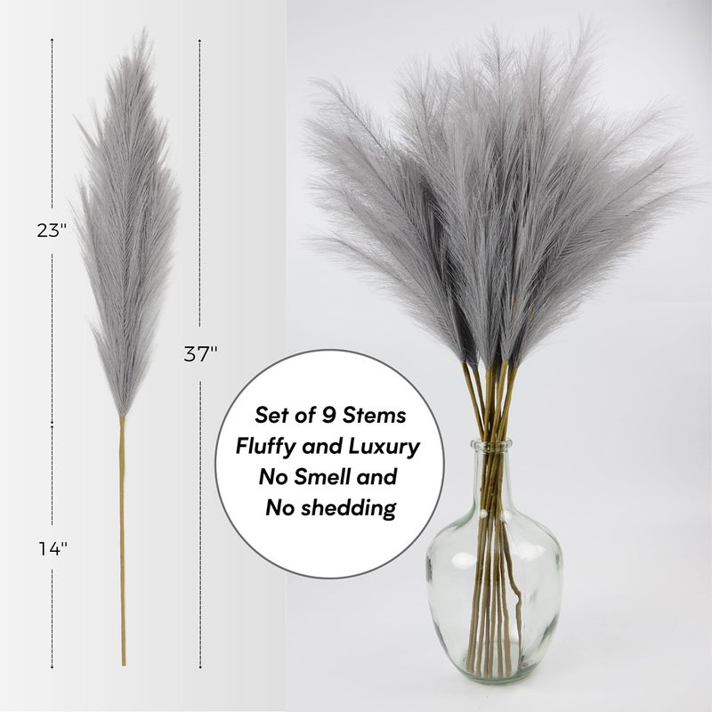 QUBITFUL Faux Pampas Grass, Set of 9 Stems 37'' Tall Fluffy Fake Pompas Floral, Large Artificial Pompous Branches for Floor Vase Fillers, Pompas Decorativas, Boho Farmhouse Wedding Home Decor(Grey) - Image 4