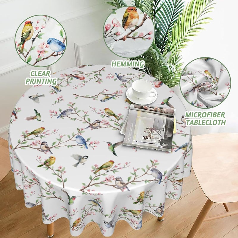 JYKCUL Spring Summer Tablecloth Round 60 Inch Birds Branch Floral Table Cloth Washable Table Cover for Party Picnic Kitchen Dinner Decor - Image 4