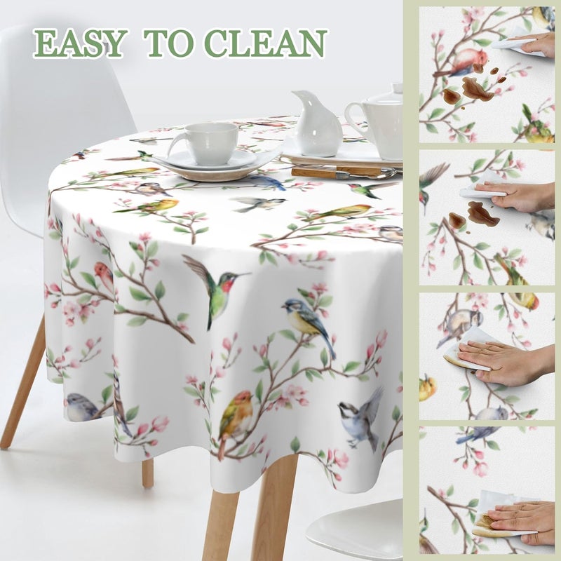 JYKCUL Spring Summer Tablecloth Round 60 Inch Birds Branch Floral Table Cloth Washable Table Cover for Party Picnic Kitchen Dinner Decor - Image 5