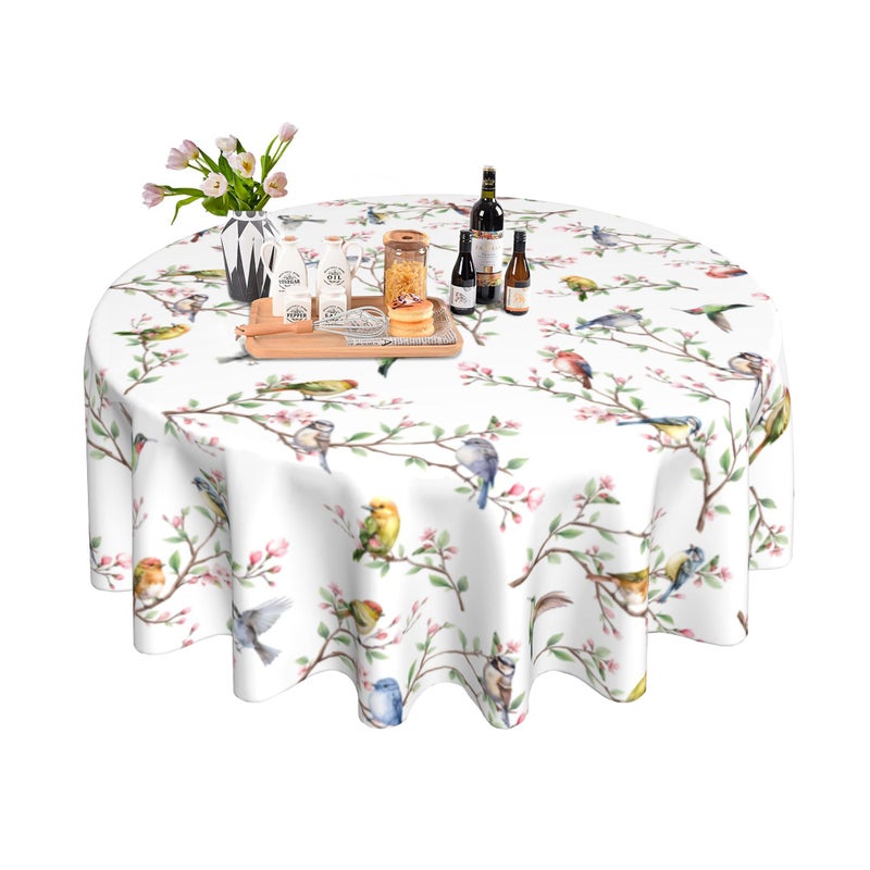 JYKCUL Spring Summer Tablecloth Round 60 Inch Birds Branch Floral Table Cloth Washable Table Cover for Party Picnic Kitchen Dinner Decor - Image 2