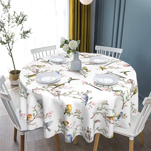 JYKCUL Spring Summer Tablecloth Round 60 Inch Birds Branch Floral Table Cloth Washable Table Cover for Party Picnic Kitchen Dinner Decor - Image 3