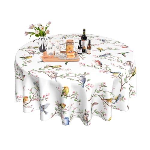 JYKCUL Spring Summer Tablecloth Round 60 Inch Birds Branch Floral Table Cloth Washable Table Cover for Party Picnic Kitchen Dinner Decor - Image 1