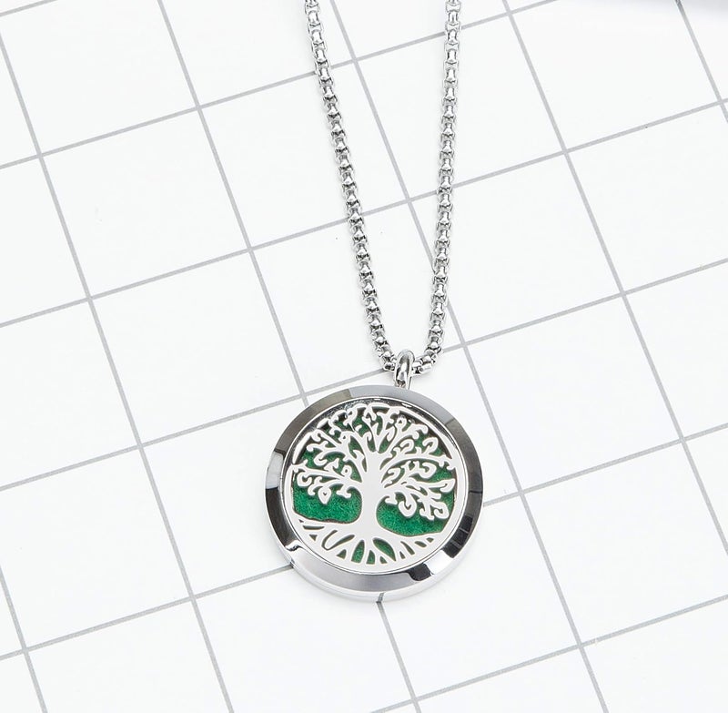 GFONDINGD Aromatherapy Essential Oil Diffuser Necklace Tree of Life Pattern Stainless Steel Locket Pendant - Image 4