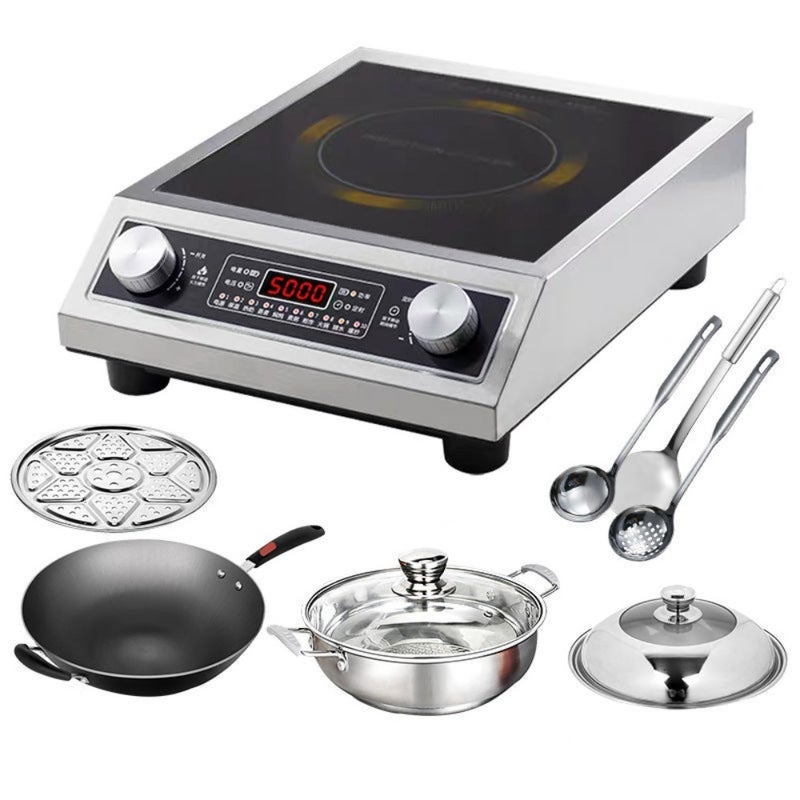 5000W Dual-Turn Knob Induction Cooktop with 3500W Single Burner, Silver Hemisphere Design for Home and Commercial Use - Image 3