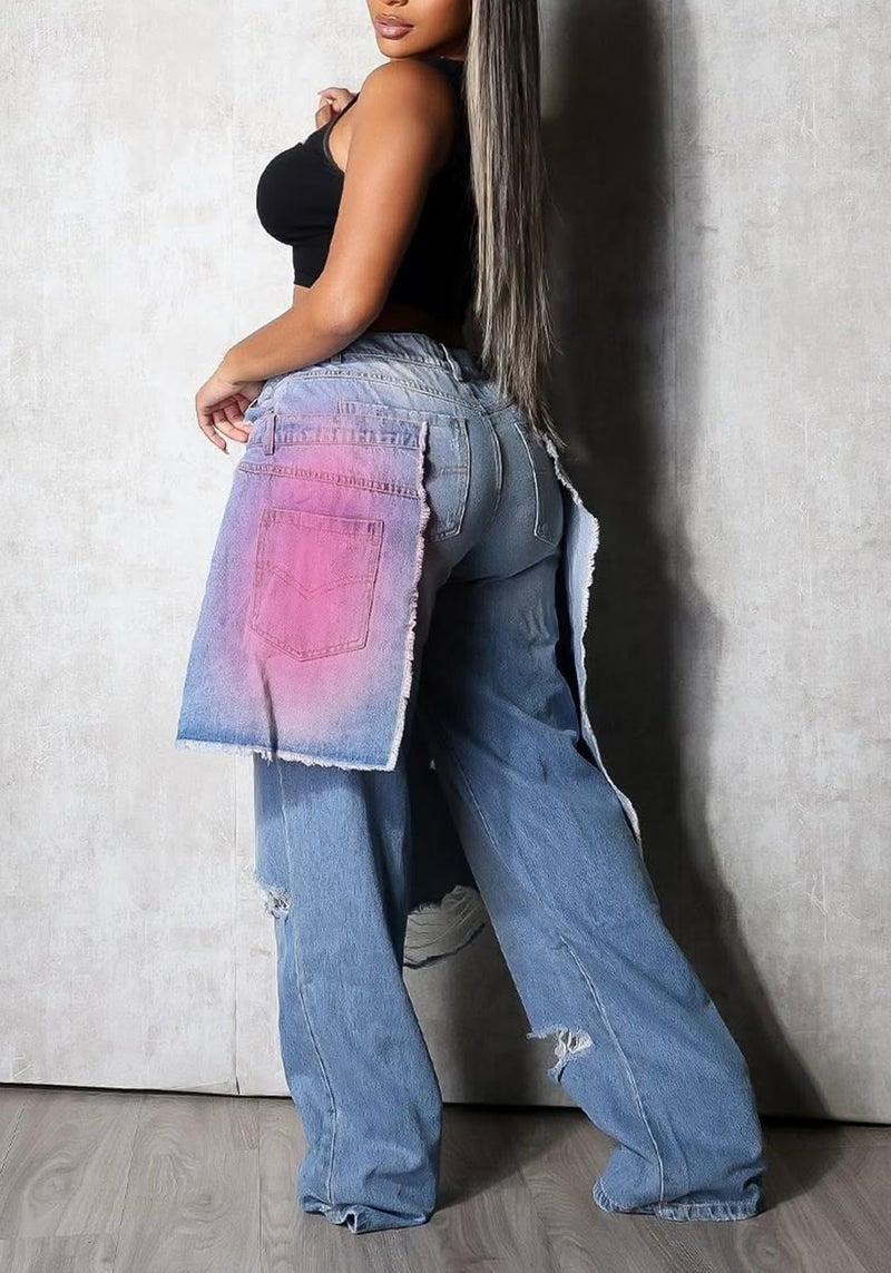 LKOUS Women's Jeans with Color Block High Waisted Trendy Distressed Straight Leg Denim Pants with Holes Blue Red - Image 3