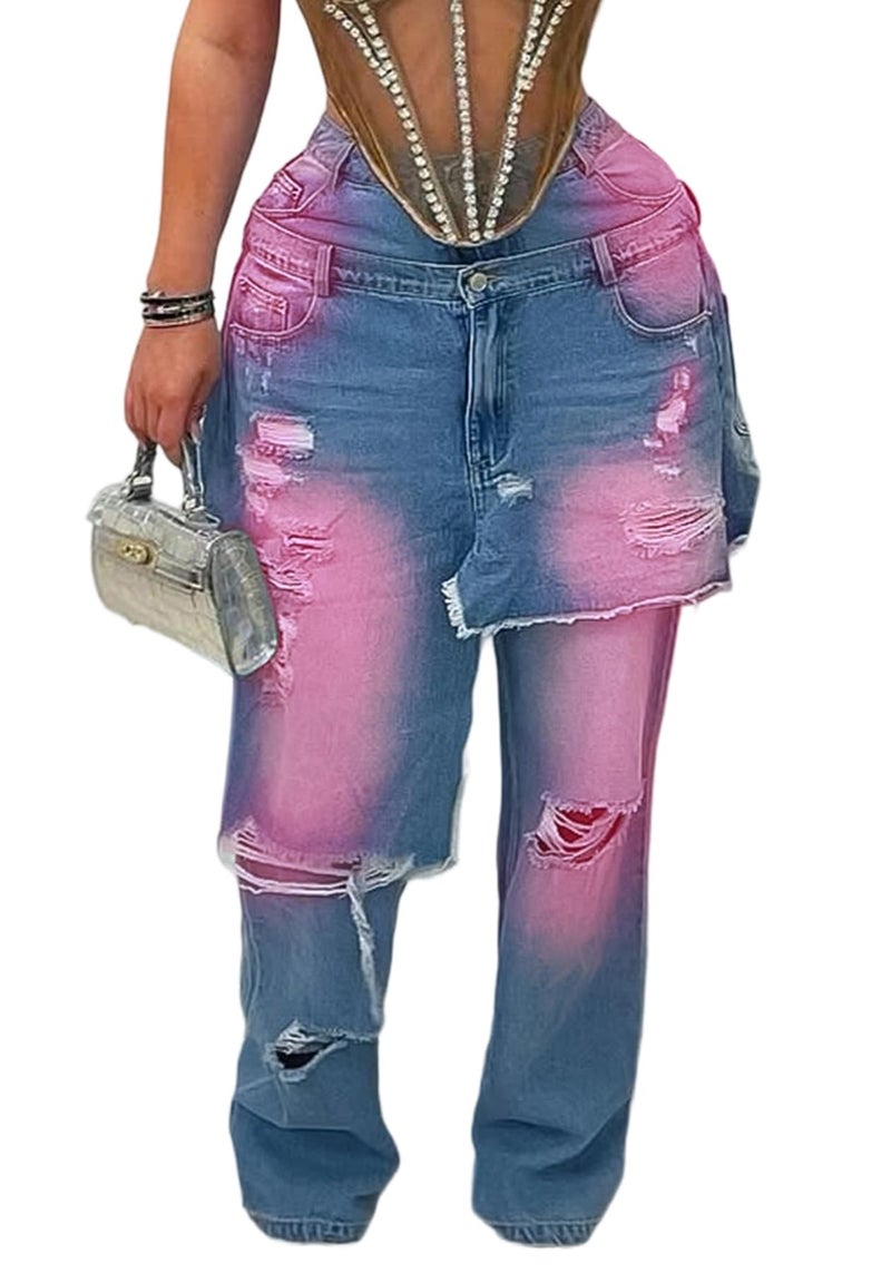 LKOUS Women's Jeans with Color Block High Waisted Trendy Distressed Straight Leg Denim Pants with Holes Blue Red - Image 1