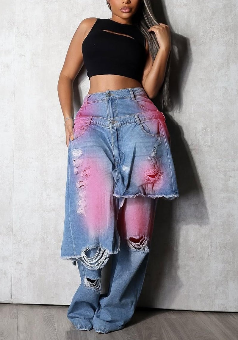 LKOUS Women's Jeans with Color Block High Waisted Trendy Distressed Straight Leg Denim Pants with Holes Blue Red - Image 5