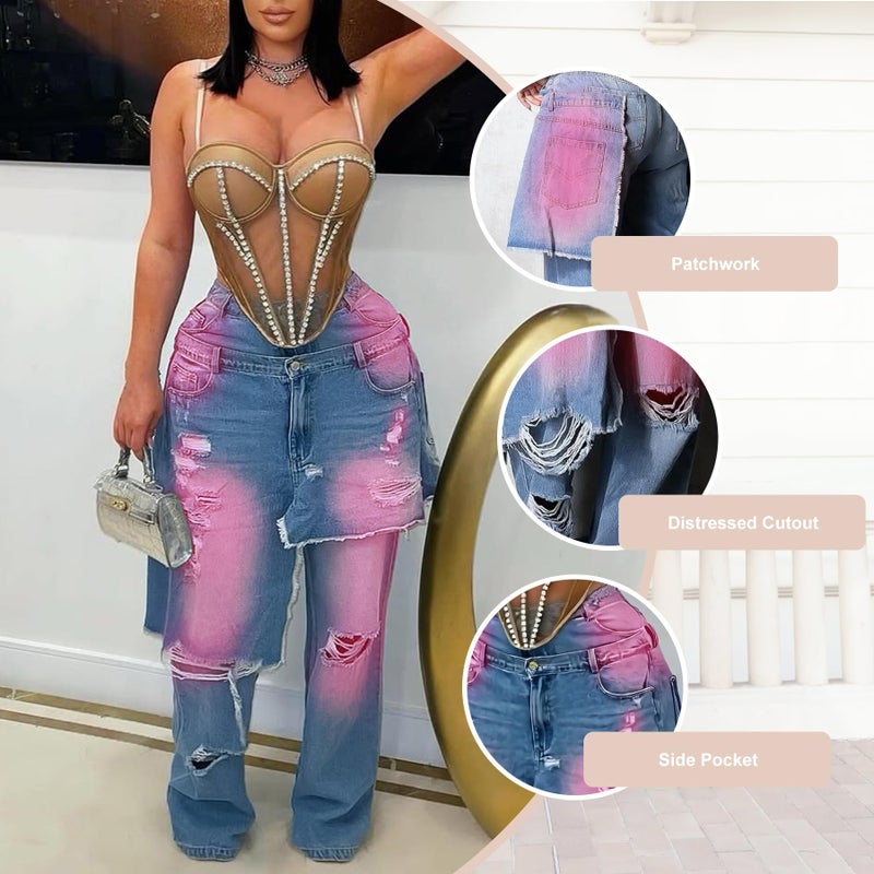 LKOUS Women's Jeans with Color Block High Waisted Trendy Distressed Straight Leg Denim Pants with Holes Blue Red - Image 4