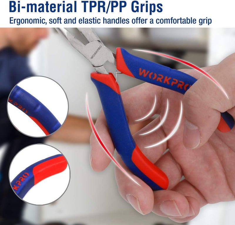 WORKPRO 6-piece Mini Pliers Set - Needle Nose, Diagonal, Long Nose, Bent Nose, End Cutting and Linesman, for Making Crafts, Repairing Electronic Devices, with Pouch - Image 4