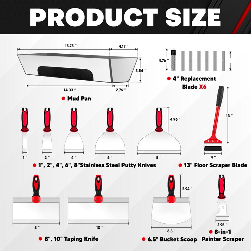 ct 12PCS Drywall Tools Set - Stainless Steel Putty Kit with 1"-8" Knives, 8"-10" Taping Knife, 6.5" Bucket Scoop, 8-in-1 Painter Scraper, 12" Mud Pan, 13" Floor Scraper Blade with 4" Replacement Blades - Image 2