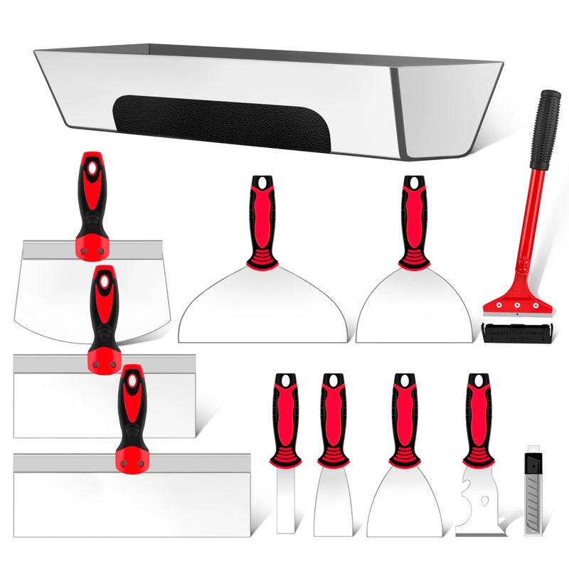 ct 12PCS Drywall Tools Set - Stainless Steel Putty Kit with 1"-8" Knives, 8"-10" Taping Knife, 6.5" Bucket Scoop, 8-in-1 Painter Scraper, 12" Mud Pan, 13" Floor Scraper Blade with 4" Replacement Blades - Image 1