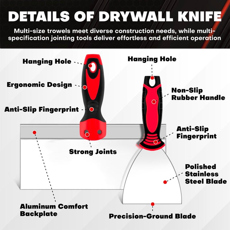 ct 12PCS Drywall Tools Set - Stainless Steel Putty Kit with 1"-8" Knives, 8"-10" Taping Knife, 6.5" Bucket Scoop, 8-in-1 Painter Scraper, 12" Mud Pan, 13" Floor Scraper Blade with 4" Replacement Blades - Image 3