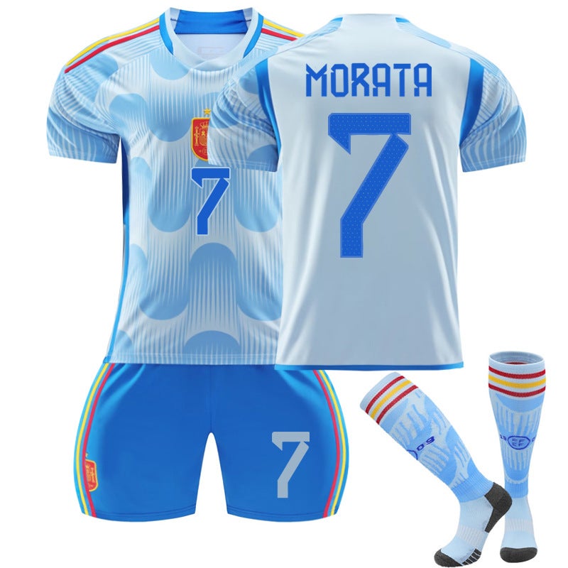 2223 Spain Away Blue 10 Asencio 9 Garvey 21 Pedre 7 Morata Football Jersey Set - Image 1