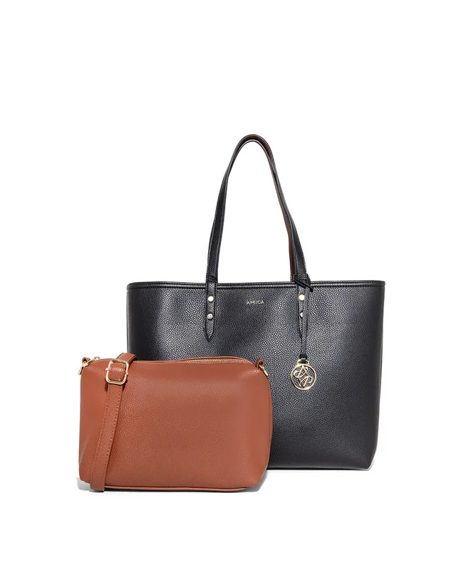 AMICA AMICA Léonie Reversible Tote Bag in Soft Leather with Pouch in Black & Tan