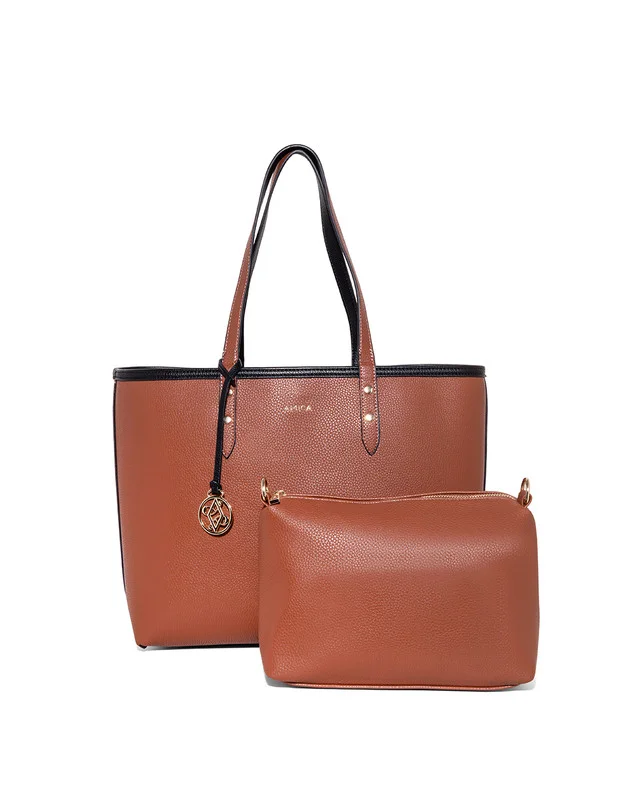 AMICA AMICA Léonie Reversible Tote Bag in Soft Leather with Pouch in Black & Tan