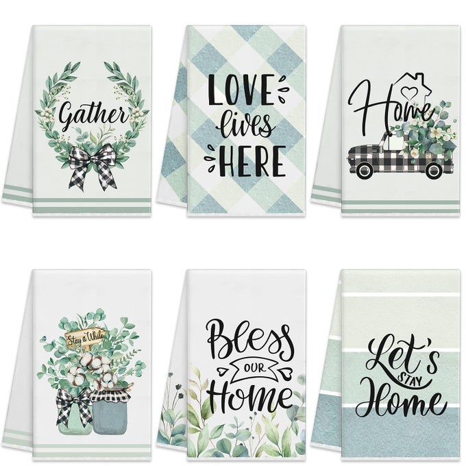 6 PCS FARMHOUSE KITCHEN TOWELS EUCALYPTUS LEAVES HAND TOWELS 157 X 236 INCH GREEN DISH CLOTHS RUSTIC HOME ABSORBENT DECORATIVE TEA DISHCLOTHS FOR BATHROOM DECOR HOUSEWARMING GIFTS