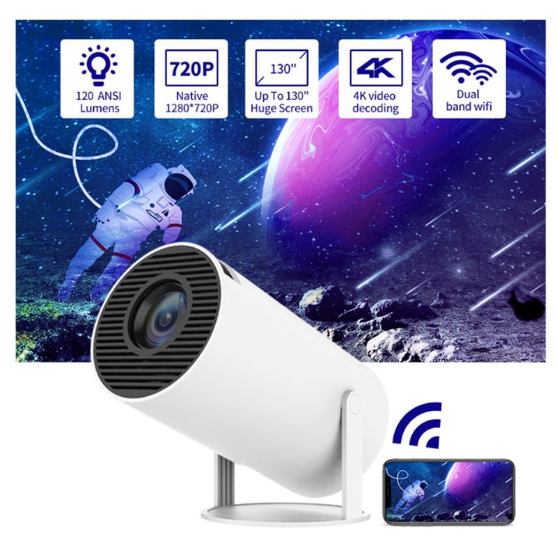 جهاز عرض بدقة 120 ANSI و720p مع فك تشفير 4G، واتصال WiFi 2.4G و5G، وعرض الشاشة، مناسب للمسرح المنزلي والمكتب، باللون الأبيض. - Image 4