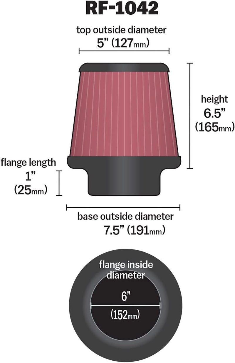 Kn High-Flow Original Lifetime Universal Clamp-On Air Filter: High Performance, Premium, Washable: Flange Diameter: 6 In, Filter Height: 6.5 In, Flange Length: 1 In, Shape: Round Tapered, RF-1042 - Image 2