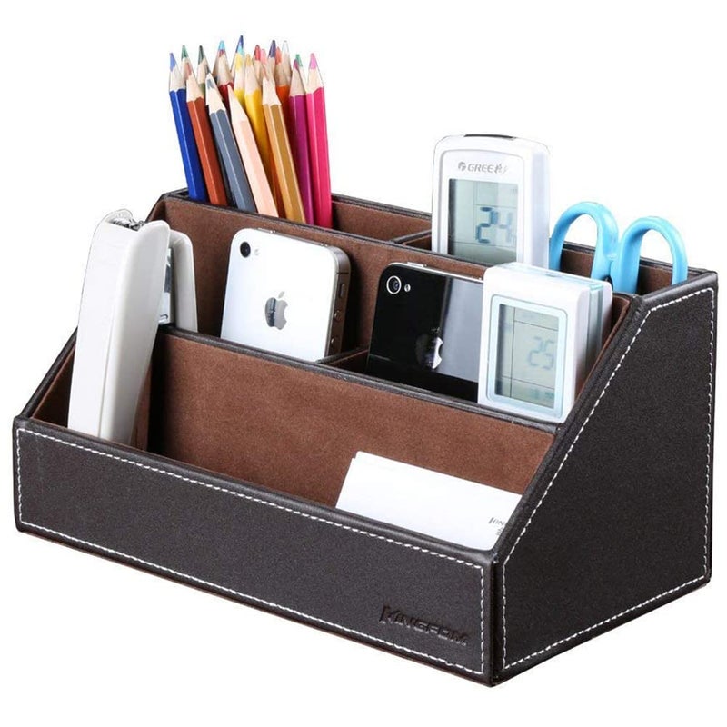 KINGFOM Pu Leather Desk Organizer with 5 Compartments Holder, Multi-Functional Office Supplies Storage Caddy for Pen/Pencil, Phones, Remote Controller and Desktop Accessorie Brown - Image 1
