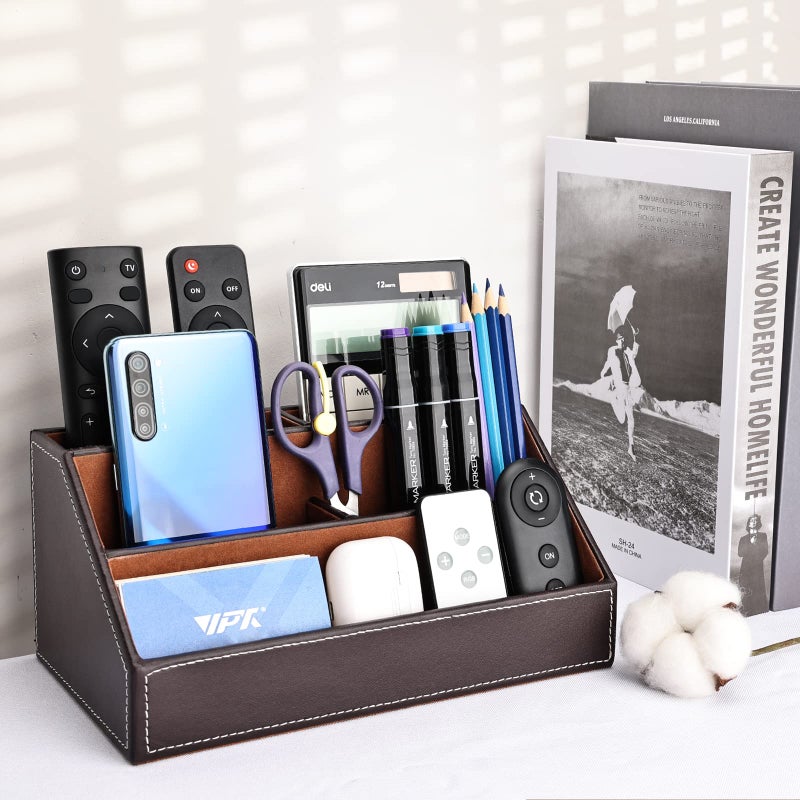 KINGFOM Pu Leather Desk Organizer with 5 Compartments Holder, Multi-Functional Office Supplies Storage Caddy for Pen/Pencil, Phones, Remote Controller and Desktop Accessorie Brown - Image 5