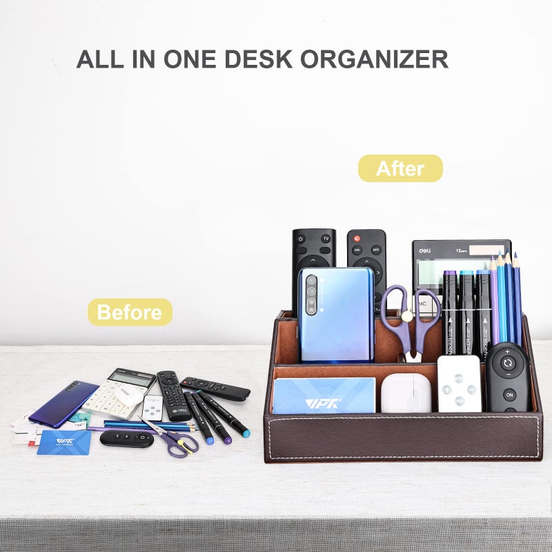 KINGFOM Pu Leather Desk Organizer with 5 Compartments Holder, Multi-Functional Office Supplies Storage Caddy for Pen/Pencil, Phones, Remote Controller and Desktop Accessorie Brown - Image 4
