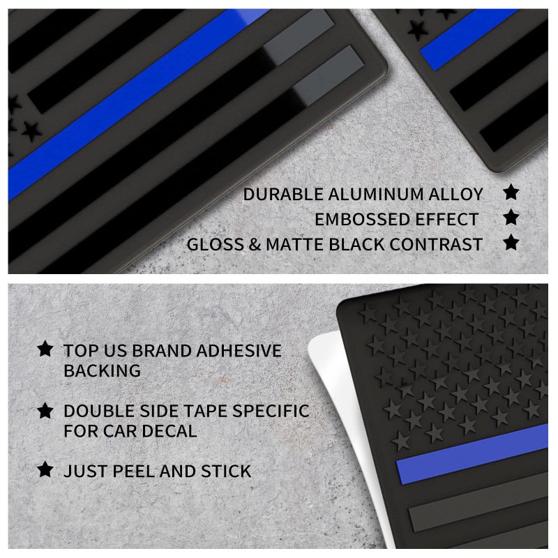 sticro Embossed 3D Metal Thin Blue Line All Black American Flag Emblem Decal Stickers (1 Pair), Matte Black 5" x 3" Patriotic USA US Flag Decals for Car, Truck, Motorcycle Honoring Police Law Enforcement - Image 5
