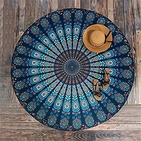 Textile art Cotton Mandala Round Beach Sitting Throw Towel Yoga Blanket (Blue, 72 Inches) - Image 5