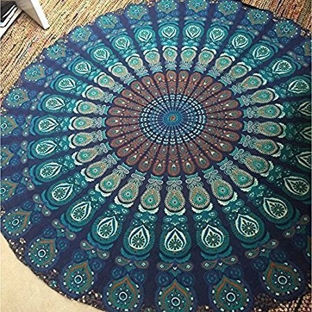 Textile art Cotton Mandala Round Beach Sitting Throw Towel Yoga Blanket (Blue, 72 Inches) - Image 2