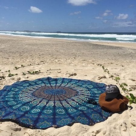 Textile art Cotton Mandala Round Beach Sitting Throw Towel Yoga Blanket (Blue, 72 Inches) - Image 3