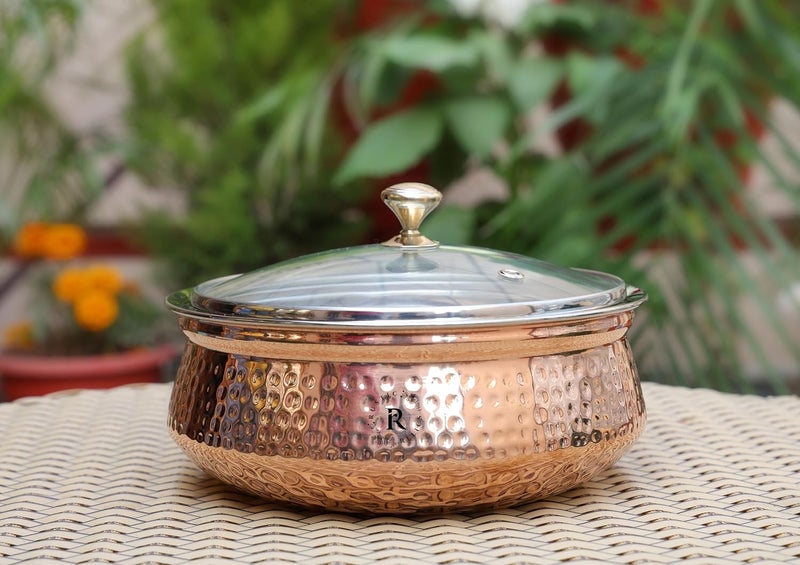 RUSTIC RELICS أواني نحاسية تقليدية مطبوخة يدويًا مع غطاء زجاجي من الفولاذ المقاوم للصدأ لأصالة النكهات 1500 مل - Image 4