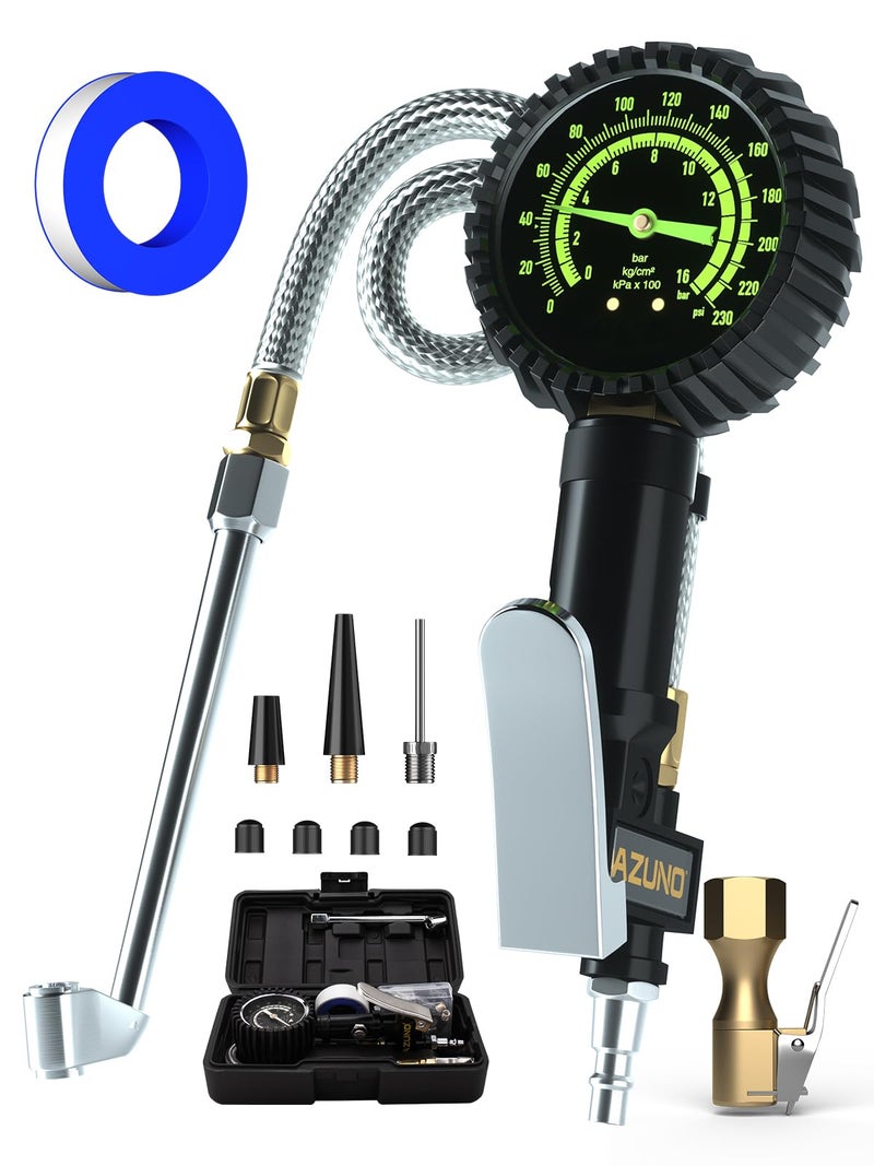 AZUNO Heavy Duty Tire Pressure Gauge, Tire Inflator Gauge 230PSI Air Chuck Air Compressor Attachments, with Steel Braided Hose, Large 2.6" Glow Dial & Quick Connect Coupler, for Truck/Car/SUV/RV/Bike - Image 1