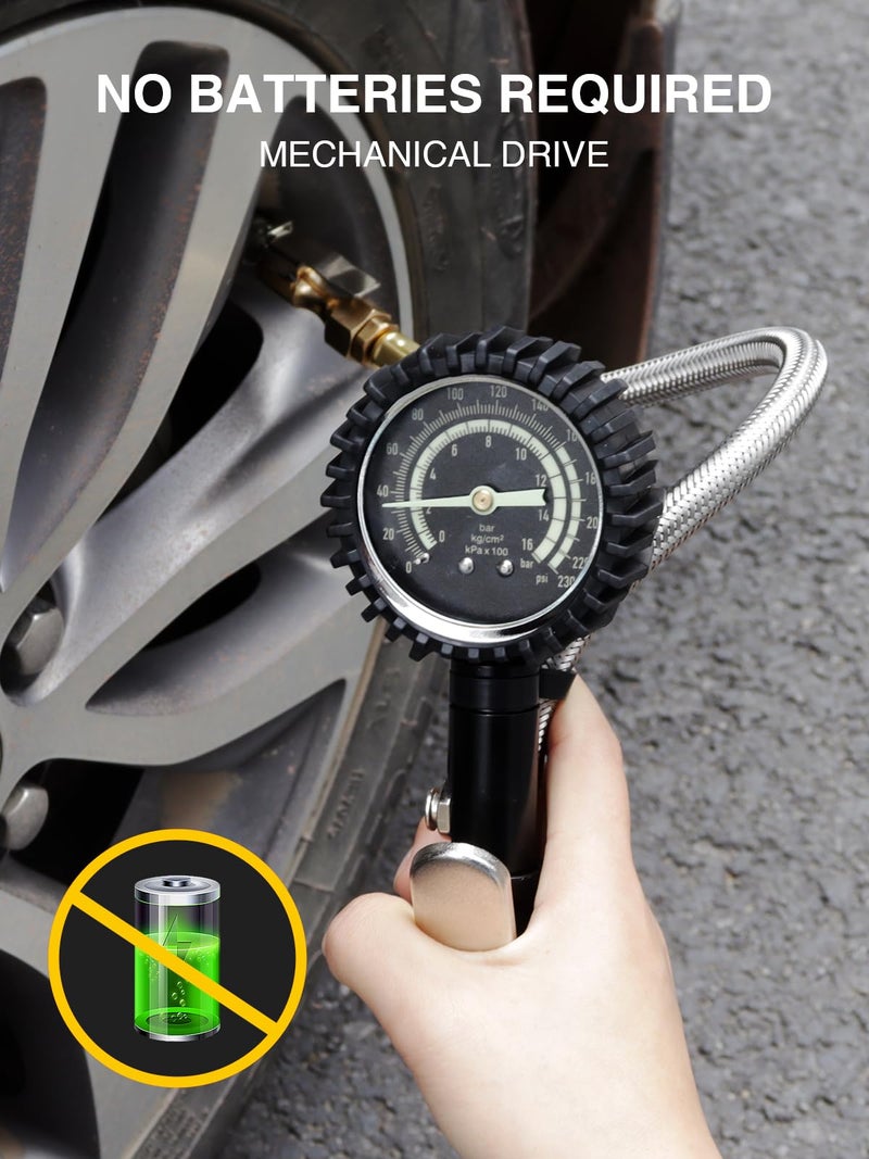 AZUNO Heavy Duty Tire Pressure Gauge, Tire Inflator Gauge 230PSI Air Chuck Air Compressor Attachments, with Steel Braided Hose, Large 2.6" Glow Dial & Quick Connect Coupler, for Truck/Car/SUV/RV/Bike - Image 2