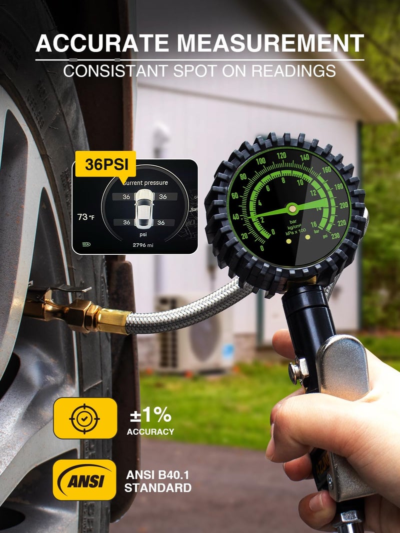 AZUNO Heavy Duty Tire Pressure Gauge, Tire Inflator Gauge 230PSI Air Chuck Air Compressor Attachments, with Steel Braided Hose, Large 2.6" Glow Dial & Quick Connect Coupler, for Truck/Car/SUV/RV/Bike - Image 4