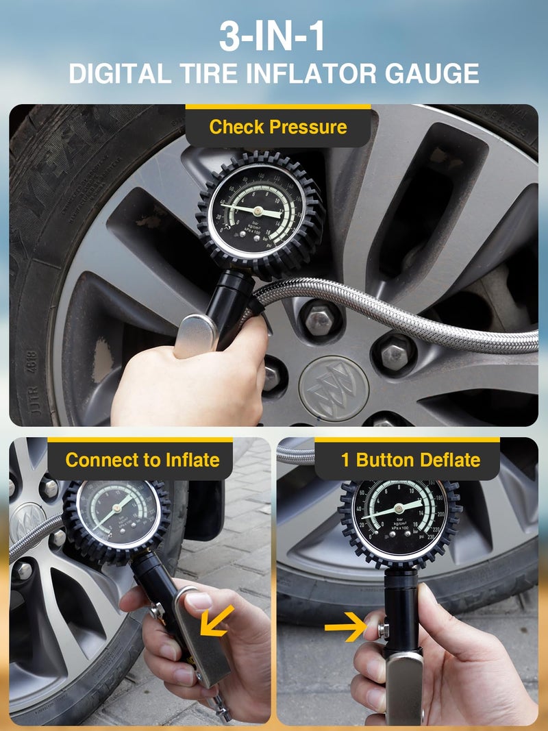 AZUNO Heavy Duty Tire Pressure Gauge, Tire Inflator Gauge 230PSI Air Chuck Air Compressor Attachments, with Steel Braided Hose, Large 2.6" Glow Dial & Quick Connect Coupler, for Truck/Car/SUV/RV/Bike - Image 3
