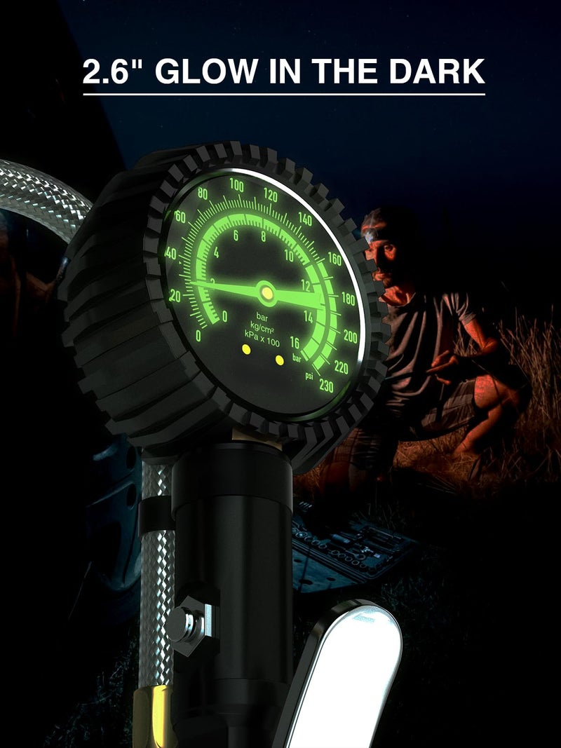 AZUNO Heavy Duty Tire Pressure Gauge, Tire Inflator Gauge 230PSI Air Chuck Air Compressor Attachments, with Steel Braided Hose, Large 2.6" Glow Dial & Quick Connect Coupler, for Truck/Car/SUV/RV/Bike - Image 5
