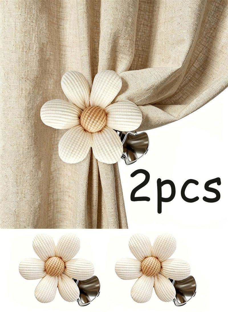 2 Pcs Beige Handmade Cotton Flower Curtain Tiebacks, No Drill Decorative Holdbacks For Bedroom Drape Window Decoration - Image 1