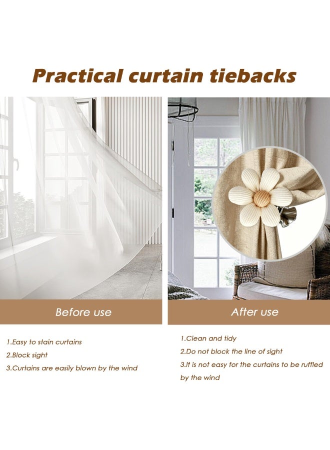 2 Pcs Beige Handmade Cotton Flower Curtain Tiebacks, No Drill Decorative Holdbacks For Bedroom Drape Window Decoration - Image 3