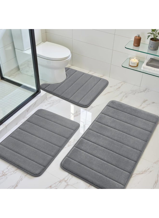 3 Pack Light Gray Coral Velvet Bathroom Rug Set, Non Slip Super Absorbent Soft Fluffy Bath Mats, Machine Washable Floor Mats for Shower, Toilet & Sink - Image 1