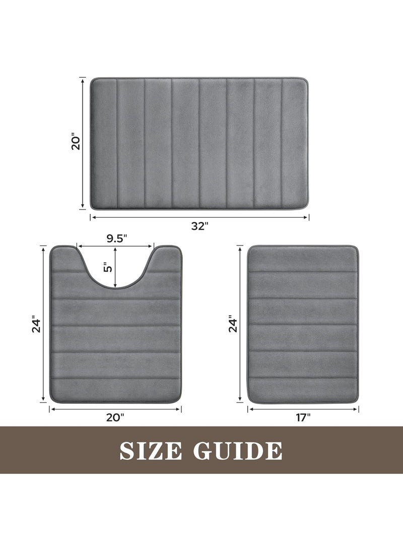 3 Pack Light Gray Coral Velvet Bathroom Rug Set, Non Slip Super Absorbent Soft Fluffy Bath Mats, Machine Washable Floor Mats for Shower, Toilet & Sink - Image 2