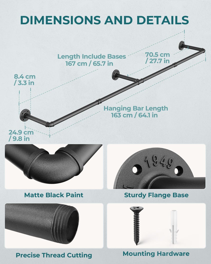 OROPY Clothes Rack, 65.7" Industrial Pipe Clothing Rack for Hanging Clothes, Wall Mounted Heavy Duty Space Saving Garment Rack for Closet Storage, Black, 3 Base - Image 3